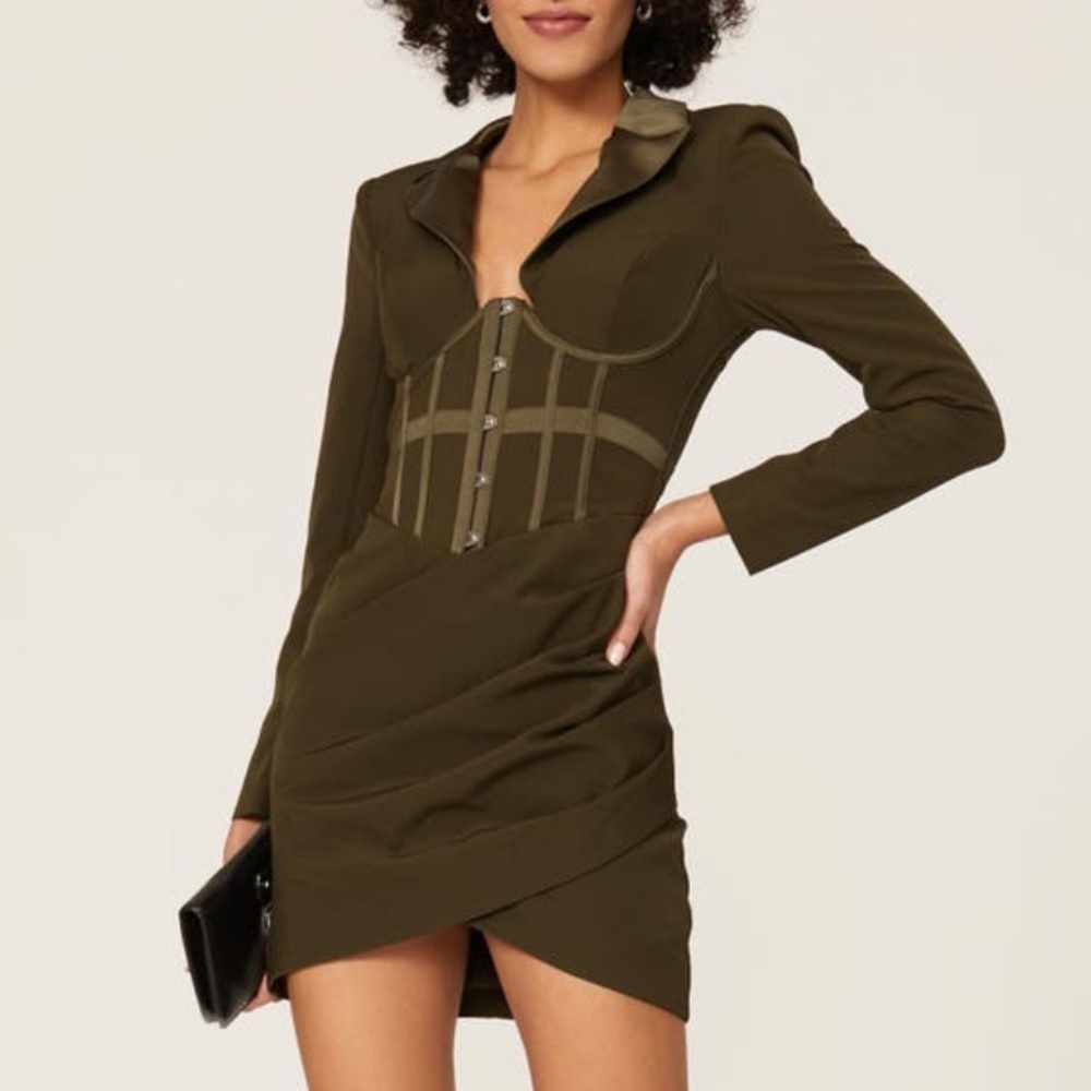 Lavish Alice Khaki Corset Collared Long Sleeve Draped Mini Dress Green Sz 4